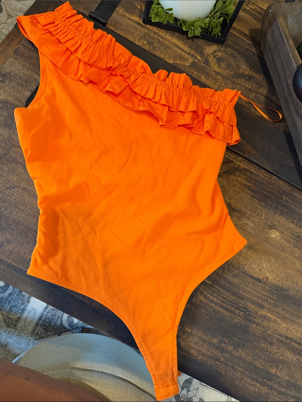Endless Rose Orange One-Shoulder Ruffle Bodysuit